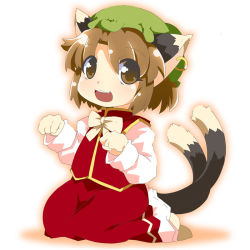 Rule 34 | 1girl, animal ears, bad id, bad pixiv id, brown eyes, brown hair, cat ears, cat girl, cat tail, chen, earrings, female focus, full body, gradient background, hat, jewelry, lillithlauda, multiple tails, paw pose, short hair, sitting, solo, tail, touhou