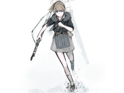 Rule 34 | 1girl, absurdres, beige skirt, belt, blue eyes, brown hair, collared jacket, cropped jacket, flight deck, full body, gun, highres, holding, holding weapon, intrepid (kancolle), jacket, kantai collection, looking at viewer, miniskirt, neck pillow, neckerchief, ponytail, rampart1028, rifle, rigging, running, running towards viewer, short hair, short sleeves, simple background, skirt, solo, weapon, white background