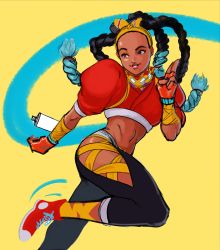 Rule 34 | 1girl, absurdres, aqua hair, arm wrap, bow hairband, brown eyes, brown lips, colored tips, commentary, converse, cropped jacket, dark-skinned female, dark skin, english commentary, forehead, gloves, hairband, highres, hip vent, jacket, jed (jedzem), kimberly jackson, long hair, midriff, multicolored hair, navel, puffy short sleeves, puffy sleeves, quad braids, red gloves, red jacket, running, salute, shoes, short sleeves, smartwatch, sneakers, solo, spray can, street fighter, street fighter 6, thick eyebrows, toned, two-finger salute, very dark skin, watch, wristwatch, yellow background, yellow hairband