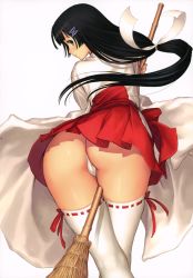 Rule 34 | 1girl, absurdres, adapted uniform, ass, black hair, blue eyes, bow, broom, broom riding, copyright request, cowboy shot, crossed legs, highres, japanese clothes, leaning forward, long hair, looking at viewer, looking back, low-tied long hair, miko, panties, pantyshot, ponytail, red bow, ribbon-trimmed legwear, ribbon trim, simple background, solo, standing, thighhighs, thong, tony taka, underwear, white background, white panties, white thighhighs