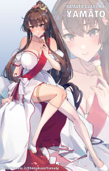 Rule 34 | 1girl, alternate costume, blush, breasts, brown eyes, brown hair, cleavage, crown, dress, flower, hair between eyes, hair ornament, high heels, highres, himeyamato, kantai collection, large breasts, long hair, looking at viewer, ponytail, ribbon, smile, solo, very long hair, white dress, yamato (kancolle)