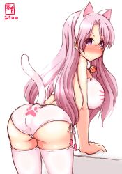 Rule 34 | 1girl, alternate costume, anal, anal object insertion, anal tail, animal ears, artist logo, ass, bell, blush, bra, cat ears, cat lingerie, cat tail, choker, commentary request, cowboy shot, dated, fake tail, highres, kanon (kurogane knights), kantai collection, leaning forward, long hair, luigi di savoia duca degli abruzzi (kancolle), meme attire, neck bell, object insertion, panties, paw print, pink hair, purple eyes, simple background, solo, standing, tail, thighhighs, underwear, underwear only, white background, white bra, white panties, white thighhighs