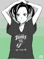Rule 34 | 1girl, alternate hairstyle, arms up, casual, clothes writing, face, green theme, kobayakawa rinko, love plus, love plus plus, monochrome, peg, shirt, smile, solo, t-shirt, the rolling stones, twintails, watch, wristwatch