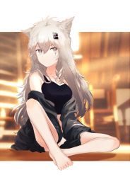 Rule 34 | 1girl, animal ears, arknights, bare legs, bare shoulders, barefoot, black jacket, black shorts, black tank top, closed mouth, commentary request, female focus, grey eyes, hair between eyes, hair ornament, hairclip, highres, jacket, knee up, korean commentary, lappland (arknights), long hair, messy hair, off shoulder, runamonet, scar, scar across eye, scar on face, shorts, silver hair, sitting, solo, tank top, wolf ears