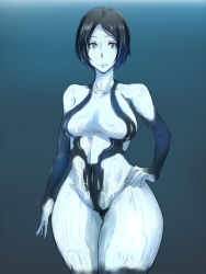 Rule 34 | 1girl, animification, bare shoulders, black background, black eyes, black hair, blue background, breasts, cleavage, cortana, curvy, gradient background, halo (game), halo (series), kanta (k n t r o), light smile, looking at viewer, short hair, solo, thick thighs, thigh gap, thighs, wide hips
