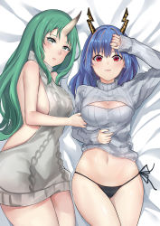 Rule 34 | 2girls, absurdres, arknights, arm up, backless outfit, bare arms, bare shoulders, bed sheet, black panties, blue hair, blush, breasts, ch&#039;en (arknights), chinese commentary, cleavage, cleavage cutout, clothing cutout, commentary request, cowboy shot, dragon horns, green hair, grey eyes, grey sweater, highres, horns, hoshiguma (arknights), large breasts, long hair, long sleeves, looking at viewer, lying, medium breasts, meme attire, multiple girls, navel, no pants, on back, on side, panties, red eyes, ribbed sweater, side-tie panties, single horn, sleeves past wrists, stomach, sweater, thighs, turtleneck, turtleneck sweater, underwear, virgin killer sweater, ying jing meng