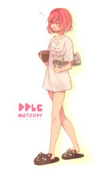 Rule 34 | 1girl, ;o, alternate costume, casual, cat slippers, character name, clothes writing, copyright name, cup, doki doki literature club, fang, full body, hair down, holding, holding cup, mug, natsuki (doki doki literature club), newspaper, no pants, one eye closed, pink hair, shirt, short hair, simple background, sleepy, slippers, solo, sora (efr), walking, white background, white shirt, yawning