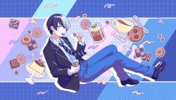 Rule 34 | 1boy, absurdres, aoyagi touya, aqua background, belt, black belt, black footwear, black jacket, blue background, blue hair, blue necktie, blue pants, blue theme, buttons, checkerboard cookie, cherry, coffee, coffee beans, colorful palette, cookie, cup, dark blue hair, diagonal-striped clothes, diagonal-striped necktie, dotted background, drinking glass, drop shadow, food, food in mouth, fruit, grey eyes, grid background, hair between eyes, highres, holding, holding cup, holding food, jacket, lapels, light blue hair, long sleeves, looking at viewer, looking to the side, male focus, multicolored background, multicolored hair, multicolored necktie, necktie, notched lapels, notice lines, official art, open clothes, open jacket, pants, pie, pink background, pink necktie, project sekai, pudding, shirt tucked in, short hair, solo, split-color hair, spoon, striped background, striped clothes, teacup, third-party source, unbuttoned