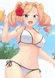 Rule 34 | 1girl, akahi242, alcohol, bare arms, bare shoulders, beer, beer mug, bikini, blonde hair, blue eyes, blush, breasts, cleavage, collarbone, commentary request, cup, drill hair, flower, hair flower, hair intakes, hair ornament, hibiscus, highres, honolulu (kancolle), kantai collection, large breasts, looking at viewer, mug, navel, open mouth, side-tie bikini bottom, smile, solo, string bikini, swimsuit, twintails, white bikini