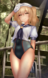 Rule 34 | anchor symbol, blonde hair, blue neckerchief, blue one-piece swimsuit, blue sailor collar, chain, closed mouth, competition swimsuit, covered navel, gesture, gloves, hat, highres, kitashirakawa chiyuri, medium hair, multicolored clothes, multicolored swimsuit, neckerchief, one-piece swimsuit, puffy short sleeves, puffy sleeves, sailor collar, sailor hat, sailor shirt, shirt, short sleeves, shounen (hogehoge), smile, solo, swimsuit, swimsuit under clothes, touhou, touhou (pc-98), white gloves, white hat, white shirt, yellow eyes