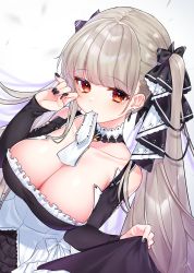 Rule 34 | 1girl, azur lane, black dress, black nails, black ribbon, breasts, cleavage, collarbone, commentary request, detached collar, dress, earrings, etto eat, formidable (azur lane), grey hair, hair ribbon, highres, jewelry, large breasts, long hair, looking at viewer, mouth hold, nail polish, red eyes, ribbon, signature, solo, twintails, two-tone dress, two-tone ribbon, white dress, white ribbon