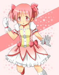 Rule 34 | 10s, 1girl, :o, blush, bow, bubble skirt, choker, dress, gloves, hair bow, kaname madoka, magical girl, mahou shoujo madoka magica, mahou shoujo madoka magica (anime), open mouth, pink eyes, pink hair, puffy sleeves, ribbon, short hair, short twintails, skirt, socks, solo, sr soba, twintails
