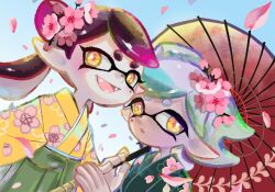 Rule 34 | 2girls, atataka soranko, black hair, blue sky, callie (splatoon), cherry blossoms, commentary request, cousins, eyelashes, falling petals, fangs, flower, gradient hair, green hair, hair flower, hair ornament, holding, holding umbrella, inkling, japanese clothes, kimono, long hair, long pointy ears, marie (splatoon), mole, mole under eye, multicolored hair, multiple girls, nintendo, open mouth, petals, pink hair, pointy ears, recycled brella 24 (splatoon), short hair, sky, smile, splatoon (series), star-shaped pupils, star (symbol), symbol-shaped pupils, teeth, tentacle hair, thick eyebrows, two-tone hair, umbrella, white hair, yellow eyes