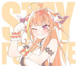 Rule 34 | 1girl, ahoge, arm garter, arm up, bare arms, bare shoulders, blonde hair, blunt bangs, blush, bow hairband, bras d&#039;honneur, breasts, commentary, dragon girl, dragon horns, english commentary, english text, fang, gloves, hairband, halterneck, hand on own arm, hololive, hololive idol uniform, horn ornament, horn ribbon, horns, idol, idol clothes, kiryu coco, kukie-nyan, large breasts, long hair, looking at viewer, multicolored eyes, multicolored hair, one eye closed, orange hair, parody, pointy ears, purple eyes, red eyes, red hairband, ribbon, sidelocks, simple background, skin fang, sleeveless, smile, solo, streaked hair, text background, twitter username, upper body, virtual youtuber, we can do it!, white background, white gloves, white neckwear, wrist cuffs