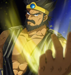 Rule 34 | 1boy, abs, bara, bare shoulders, beard, character request, collarbone, crown, dark-skinned male, dark skin, dragon quest, dragon quest iii, facial hair, forked eyebrows, frown, highres, king, large pectorals, looking at viewer, male focus, mature male, ortega (dragon quest), outstretched hand, pectoral cleavage, pectorals, photokinesis, reaching, reaching towards viewer, short hair, solo, thick beard, thick eyebrows, thick mustache, upper body, zeff ozaki