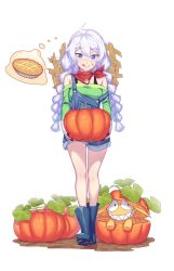 Rule 34 | 1girl, artist request, bare shoulders, black footwear, blue eyes, boots, braid, closed mouth, farmer, food, full body, gloves, green shirt, hat, highres, holding, holding food, homu (honkai impact), honkai (series), honkai impact 3rd, kiana kaslana, long hair, long sleeves, neckerchief, overalls, pie, pumpkin, red neckerchief, shirt, smile, solo, standing, straw hat, tongue, tongue out, twin braids, white background, white gloves, white hair