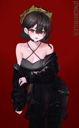 Rule 34 | 1girl, bare shoulders, black camisole, black choker, black hair, black jacket, black pants, breasts, camisole, chain, character name, choker, cleavage, criss-cross halter, food-themed hat, hair between eyes, halterneck, hamburger hat, highres, inhey, jacket, jingburger, large breasts, leaning forward, long sleeves, looking at viewer, o-ring, o-ring choker, off shoulder, official alternate hair color, open mouth, pants, red background, red eyes, short hair, shoulder tattoo, simple background, solo, tattoo, virtual youtuber, waktaverse