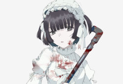 Rule 34 | 1girl, bad id, bad pixiv id, black hair, blood, blood on clothes, blood on face, bloody weapon, bow, dress, eyebrows hidden by hair, grey background, grey eyes, highres, holding, holding smoking pipe, industrial pipe, juliet sleeves, kayanogura, lead pipe, lolita fashion, long sleeves, looking at viewer, original, parted lips, puffy sleeves, short hair, simple background, smoking pipe, solo, upper body, weapon, white bow, white dress