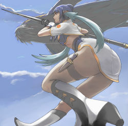 Rule 34 | 00s, 1girl, baul (tales), blue hair, boots, gloves, judith (tales), knee boots, long hair, pointy ears, polearm, solo, spear, tales of (series), tales of vesperia, tea (nakenashi), thick thighs, thighs, weapon