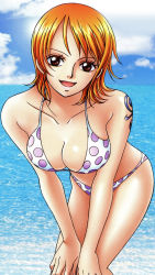 Rule 34 | 1girl, :d, artist request, bare legs, bare shoulders, bikini, breasts, brown eyes, cleavage, cloud, collarbone, day, female focus, gradient background, hands on own knees, inoue eisaku, leaning, leaning forward, legs, looking at viewer, medium breasts, nami (one piece), ocean, one piece, open mouth, orange hair, polka dot, polka dot bikini, polka dot swimsuit, short hair, sky, smile, solo, swimsuit, tattoo, v arms, water, white bikini