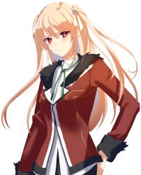 Rule 34 | 1girl, arcelle, baldr sky, blonde hair, blush, breasts, brown eyes, collared shirt, frown, fur trim, green ribbon, hair behind ear, hand on own hip, highres, jacket, looking at viewer, medium breasts, minazuki sora, neck ribbon, red jacket, ribbon, shirt, solo, two side up, white background, white shirt
