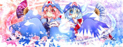 Rule 34 | circled 9, 2girls, blue dress, blue eyes, blue hair, blush stickers, bow, cherry blossoms, cirno, cosplay, dress, hand fan, hat, highres, hitodama, ice, ice wings, japanese clothes, kimono, long sleeves, mob cap, multiple girls, obi, open mouth, petals, pink eyes, pink hair, red bow, red ribbon, ribbon, saigyouji yuyuko, saigyouji yuyuko&#039;s fan design, saigyouji yuyuko (cosplay), sash, shippou (pattern), short hair, smile, spring (season), touhou, triangular headpiece, wide sleeves, wings, winter, youna.a