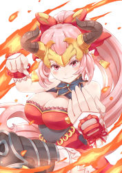 Rule 34 | 10s, 1girl, aliza (granblue fantasy), babystar, bad id, bad pixiv id, draph, earrings, fighting stance, fire, granblue fantasy, hair ribbon, highres, horns, jewelry, ponytail, red eyes, ribbon, smile