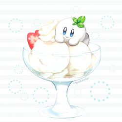Rule 34 | artist name, blue eyes, blush, blush stickers, circle, closed mouth, commentary request, food, fruit, grey background, ice cream, kirby, kirby (series), kotori (lycka), looking at viewer, mint, nintendo, no humans, simple background, smile, solo, star (symbol), star in eye, strawberry, strawberry slice, striped, striped background, symbol in eye, twitter username, two-tone background, whipped cream, white background