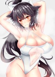Rule 34 | 1girl, armpits, arms up, azur lane, blush, bow, breasts, choker, contrapposto, cowboy shot, grey background, hair bow, highres, huge breasts, long hair, looking at viewer, one-piece swimsuit, ponytail, sankakusui, simple background, smile, solo, standing, steam, swimsuit, takao (azur lane), takao (beach rhapsody) (azur lane), very long hair, white bow, white one-piece swimsuit