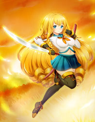 Rule 34 | 1girl, black gloves, black thighhighs, blonde hair, blue eyes, breasts, copyright request, gloves, highres, katana, large breasts, long hair, meesuke, navel, official art, school uniform, smile, solo, sunset, sword, thighhighs, very long hair, weapon