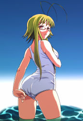Rule 34 | 00s, 1girl, adjusting clothes, adjusting swimsuit, antenna hair, ass, asu no yoichi, blonde hair, cowboy shot, day, e20, from below, glasses, green hair, ikaruga chihaya, long hair, looking back, one-piece swimsuit, open mouth, red eyes, school swimsuit, short hair with long locks, solo, swimsuit, wading, water, white one-piece swimsuit