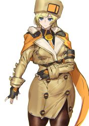 Rule 34 | 1girl, arm scarf, ashiomi masato, black gloves, blonde hair, blue eyes, breasts, brown hat, brown pantyhose, buttons, coat, fingerless gloves, fur hat, gloves, guilty gear, guilty gear strive, hair between eyes, hand on own chest, hat, jacket, large breasts, long hair, millia rage, pantyhose, smile, solo, thighhighs, thighs, ushanka
