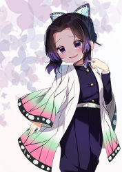 Rule 34 | 1girl, :d, absurdres, aged down, belt, belt buckle, black hair, black jacket, black pants, blush, buckle, bug, butterfly, butterfly hair ornament, forehead, gradient hair, hair ornament, hand up, highres, ikazu401, insect, jacket, kimetsu no yaiba, kochou shinobu, long sleeves, multicolored hair, open clothes, open mouth, pants, parted bangs, purple eyes, purple hair, sleeves past wrists, smile, white belt, wide sleeves