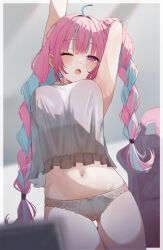 Rule 34 | 1girl, ahoge, alternate costume, armpits, arms up, blue hair, blurry, blurry background, blurry foreground, blush, braid, breasts, chair, commentary request, cowboy shot, crop top, gaming chair, gluteal fold, highres, hololive, large breasts, long hair, looking at viewer, low twin braids, minato aqua, multicolored hair, navel, one eye closed, open mouth, panties, pink eyes, pink hair, solo, streaked hair, stretching, swivel chair, thigh gap, twin braids, underwear, uo illust, virtual youtuber, white panties