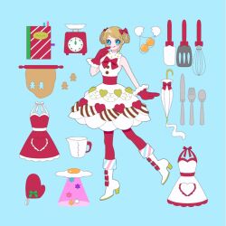 Rule 34 | 1girl, apron, blonde hair, blue background, blue eyes, book, boots, braided hair rings, dress, fried egg, fukuhara ann, full body, fur-trimmed gloves, fur trim, gloves, hand up, heart, heart print, high heel boots, high heels, highres, kitchen scale, knee boots, looking at viewer, measuring cup, mittens, nyaasechan, pastry bag, pretty rhythm, pretty rhythm rainbow live, pretty series, recipe (object), red gloves, rolling pin, short hair, smile, solo, spatula, standing, standing on one leg, tongue, tongue out, ufo, weighing scale, whisk, white dress, white footwear