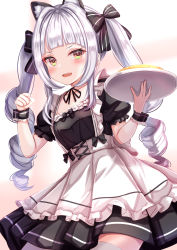 Rule 34 | 1girl, alternate costume, animal ear fluff, animal ears, apron, black bow, black dress, blunt bangs, blush, bow, brown eyes, cat ears, commentary request, cowboy shot, dress, drill hair, enmaided, food, frilled apron, frills, hair bow, hands up, highres, holding, holding plate, hololive, long hair, maid, murasaki shion, open mouth, paw pose, plate, puffy short sleeves, puffy sleeves, short sleeves, sidelocks, silver hair, smile, solo, standing, thighhighs, twin drills, twintails, very long hair, virtual youtuber, white apron, white thighhighs, yuano