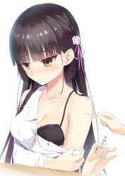 Rule 34 | 1girl, 1other, absurdres, arm under breasts, armpit crease, black bra, black hair, blush, bra, breasts, cafe stella to shinigami no chou, cleavage, closed mouth, collarbone, commentary request, dress shirt, earrings, embarrassed, eyelashes, flower, frilled bra, frills, frown, hair between eyes, hair flower, hair ornament, hair ribbon, haku89, highres, holding, holding syringe, jewelry, jitome, long hair, long sleeves, looking down, medium breasts, mole, mole under eye, off-shoulder shirt, off shoulder, pink ribbon, ribbon, rose, shiki natsume, shirt, single bare shoulder, solo focus, straight hair, stud earrings, syringe, underwear, upper body, very long hair, white flower, white rose, white shirt, yellow eyes