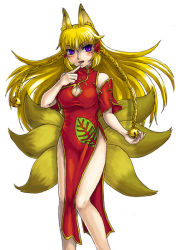 Rule 34 | 1girl, animal ears, bare shoulders, bell, blonde hair, blue eyes, blush, braid, breasts, cameltoe, china dress, chinese clothes, cleavage, cleavage cutout, clothing cutout, detached sleeves, dress, female focus, finger to mouth, fox, fox ears, fox tail, hair ornament, hip focus, kenkou cross, large breasts, legs, long hair, looking at viewer, monster girl, monster girl encyclopedia, multiple tails, official art, purple eyes, red dress, short sleeves, side slit, simple background, solo, tail, tongue, white background, youko, youko (monster girl encyclopedia)
