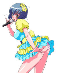 Rule 34 | 1970s (style), 1girl, ass, blue hair, blush, bob cut, breasts, brown eyes, covered erect nipples, dress, flower, frilled panties, frills, from side, gaiking, hair flower, hair ornament, kouda tomohiro, layered dress, leaning forward, medium breasts, microphone, multicolored clothes, multicolored dress, oldschool, open mouth, panties, pantyshot, pink panties, rebecca, rebecca (gaiking), retro artstyle, short dress, short hair, simple background, solo, standing, toei animation, underwear, yellow eyes