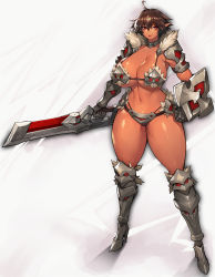 Rule 34 | 1girl, absurdres, ahoge, armor, armored dress, bare shoulders, bikini armor, breasts, brown hair, cleavage, closed mouth, collar, commentary, dark-skinned female, dark elf, dark skin, elf, full body, fur trim, gauntlets, gurimjang, high heels, highres, holding, holding weapon, large breasts, lips, lipstick, looking at viewer, makeup, navel, original, pointy ears, red eyes, shield, shiny skin, short hair, shoulder armor, simple background, smile, standing, stomach, sword, thighs, weapon