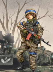 Rule 34 | 1990s (style), 1girl, absurdres, ak-74, assault rifle, blonde hair, blue eyes, boots, camouflage, camouflage headwear, combat boots, gloves, gun, hat, helmet, highres, holding, holding gun, holding weapon, kalashnikov rifle, load bearing vest, long hair, longmei er de tuzi, looking at viewer, magazine (weapon), military, military hat, military uniform, military vehicle, motor vehicle, original, outdoors, patch, retro artstyle, rifle, russo-ukrainian war, shoulder patch, solo, tactical clothes, tank, trigger discipline, ukraine, ukrainian flag, uniform, weapon