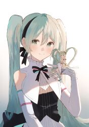 Rule 34 | 2girls, absurdres, aqua eyes, aqua hair, bare shoulders, black hairband, blush, closed mouth, commentary, elbow gloves, full body, gloves, gramophone miku, hair between eyes, hairband, hatsune miku, high collar, highres, long hair, looking at viewer, miku symphony (vocaloid), mini person, minigirl, multiple girls, single thighhigh, sitting on hand, smile, sparkle, thighhighs, twintails, upper body, very long hair, vocaloid, white footwear, white gloves, white thighhighs, yurun (yurun ume)