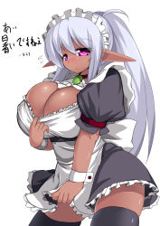 Rule 34 | 1girl, apron, black thighhighs, breasts, choker, cleavage, clothes lift, dark-skinned female, dark elf, dark skin, elf, female focus, hair ornament, highres, huge breasts, long hair, looking at viewer, maid, maid apron, maid headdress, miniskirt, original, pointy ears, ponytail, purple eyes, rei shabu, silver hair, simple background, skirt, skirt lift, solo, standing, tan, thighhighs, translation request, waist apron, white background