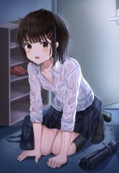 Rule 34 | 1girl, absurdres, bad id, bad pixiv id, bag, black socks, blush, brown eyes, brown hair, collarbone, commentary request, door, flat chest, hair ornament, hairclip, highres, huge filesize, indoors, kneehighs, long sleeves, looking at viewer, no shoes, open door, open mouth, original, pleated skirt, school bag, school uniform, shelf, shirt, shoes, unworn shoes, short hair, skirt, socks, solo, umbrella, wet, wet clothes, wet shirt, white shirt, zeroillya