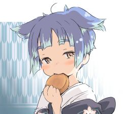 Rule 34 | 1girl, ahoge, aqua hair, blue hair, blush, character request, copyright request, fang, food, ham (points), hand up, holding, holding food, looking to the side, multicolored hair, nose blush, orange eyes, short hair, solo, two-tone hair, upper body