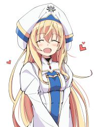 Rule 34 | 1girl, blonde hair, blue eyes, blue hat, blush, breasts, commentary request, dress, goblin slayer!, hair between eyes, hat, heart, highres, long hair, long sleeves, looking at viewer, open mouth, priestess (goblin slayer!), renfuu, simple background, small breasts, smile, solo, white background, white hat