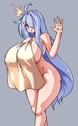 Rule 34 | 1girl, against fourth wall, ahoge, blue hair, blush, borrowed character, copyright request, curvy, grey background, hair over one eye, long hair, masked agent, mei (2b-ge), naked towel, open mouth, original, purple eyes, simple background, towel, very long hair