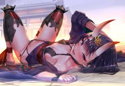Rule 34 | 1girl, akasaai, architecture, bare shoulders, barefoot, blush, bob cut, breasts, collarbone, east asian architecture, eyeliner, fate/grand order, fate (series), highres, horns, japanese clothes, kimono, looking at viewer, lying, makeup, navel, on back, oni, open clothes, open kimono, open mouth, outdoors, partially submerged, purple eyes, purple hair, purple kimono, revealing clothes, short hair, shuten douji (fate), skin-covered horns, skindentation, small breasts, smile, solo