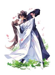 2boys black_footwear black_hair black_hanfu brown_eyes brown_hair chinese_clothes chu_wanning closed_eyes closed_mouth commentary dip_(dance_move) english_commentary erha_he_tadebai_mao_shizun falling_petals foliage full_body hanfu high_ponytail highres holding_hands long_hair long_sleeves looking_at_another male_focus misho mo_ran multiple_boys open_mouth petals ponytail sash signature smile tan teeth upper_teeth_only white_background white_footwear white_hanfu wide_sleeves