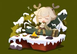 Rule 34 | 1girl, antlers, arknights, bag, black skirt, campfire, chibi, closed eyes, fire, firewatch (arknights), firewood, green background, green jacket, green pantyhose, grey hair, horns, jacket, log, nuu (nu-nyu), open mouth, pantyhose, sidelocks, signature, simple background, skirt, sleeping, sleeping upright, snow, solo, sweater, zzz